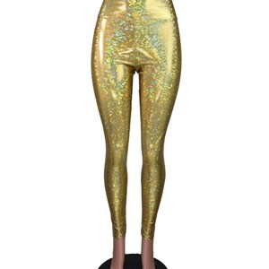 High Waist Leggings - *Gold Shattered Glass Holographic* Gold Pants - Rave Clothing, Festival Outfit, Sparkle Leggings image 4