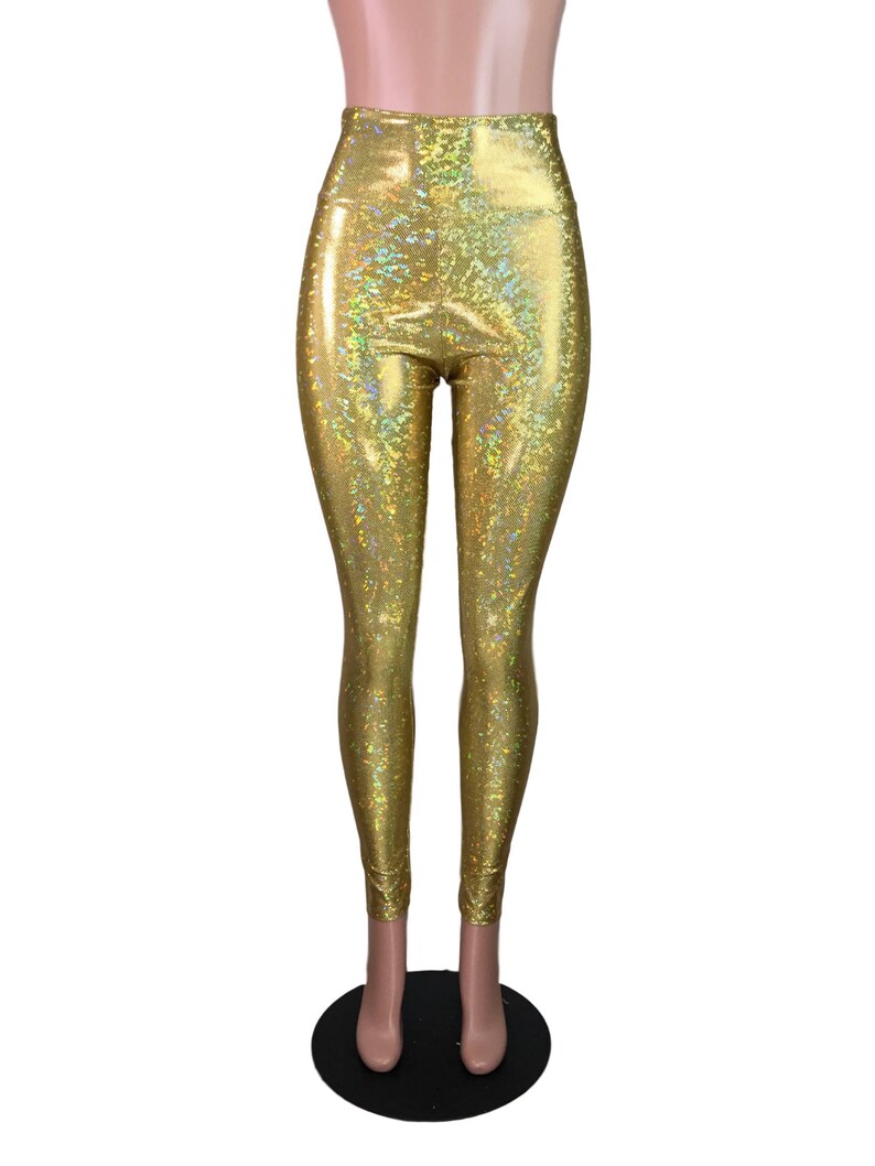 High Waist Leggings - *Gold Shattered Glass Holographic* Gold Pants - Rave Clothing, Festival Outfit, Sparkle Leggings image 4