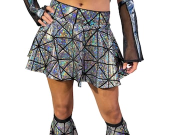 Holographic Mini 13" High Waisted Skater Skirt - Clubwear, Rave Clothing, Festival Clothes, Disco Skirt