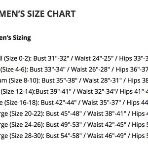 May include: Women's size chart with bust, waist, and hip measurements in inches for sizes XS to 4X.