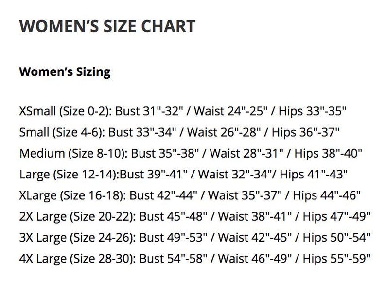 May include: Women's size chart with bust, waist, and hip measurements in inches for sizes XS to 4X.