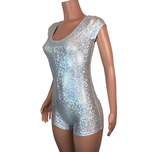 Cap Sleeve Romper - *Silver Holographic Shattered Glass* - Rave Wear, Festival Outfit, Aerial Performer, Pole Dance Clothing