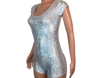 Cap Sleeve Romper - *Silver Holographic Shattered Glass* - Rave Wear, Festival Outfit, Aerial Performer, Pole Dance Clothing