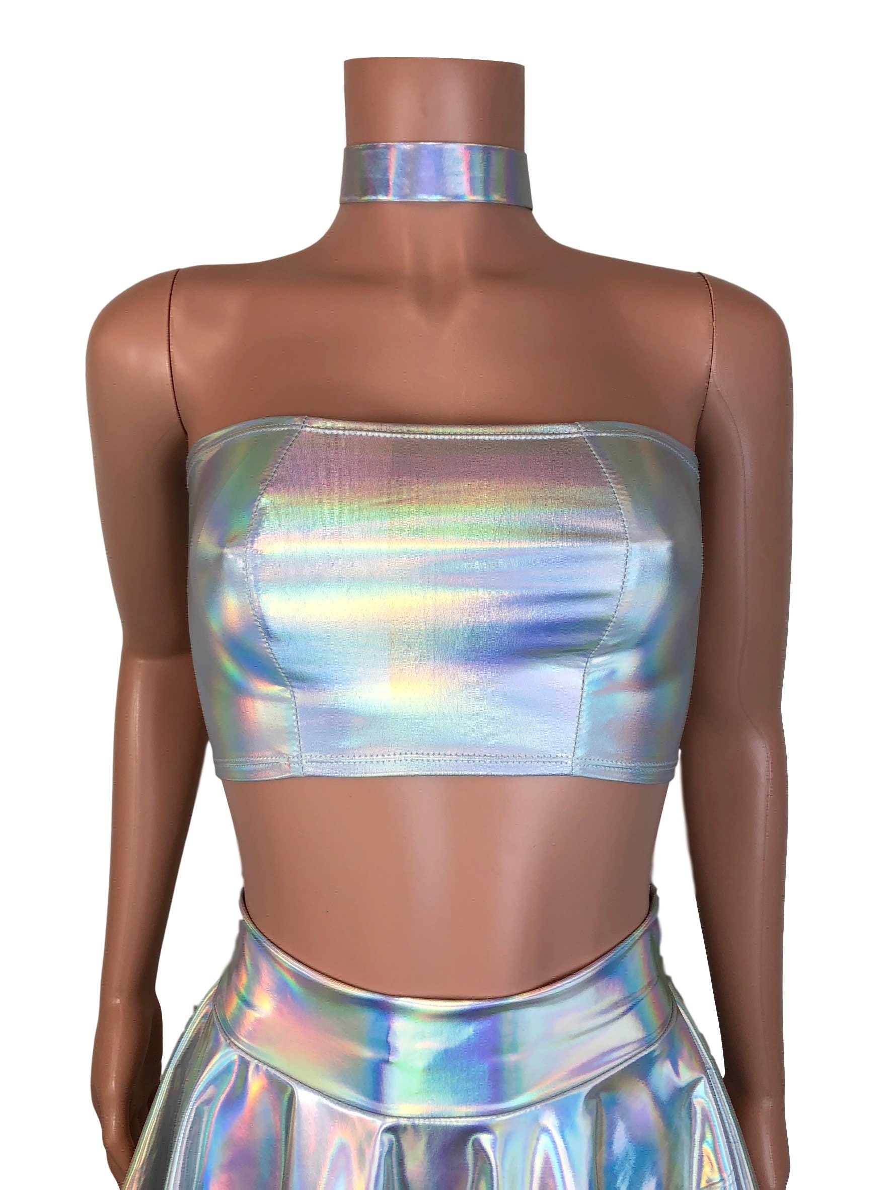 Opal Holographic Tube Top Bandeau - bodycon Clubwear, Rave Wear, Festival Clothing