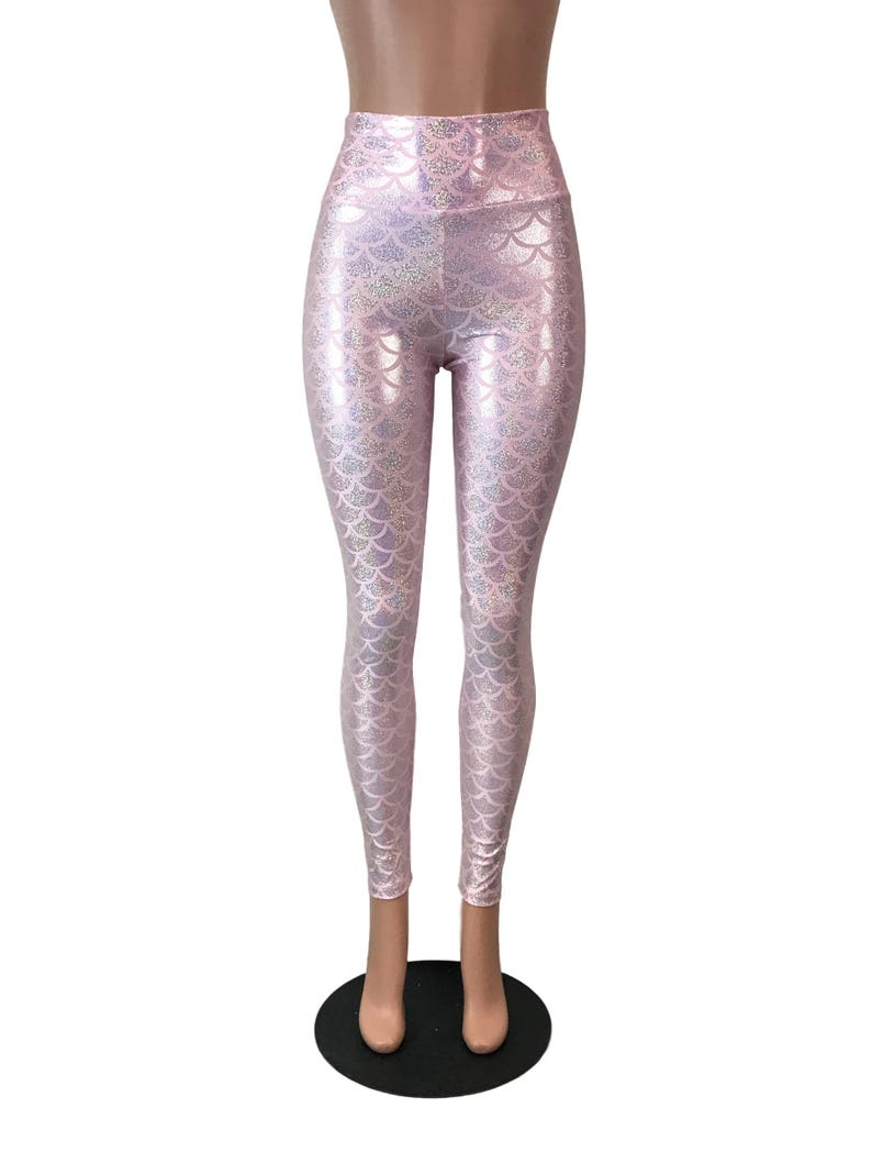 Pink Mermaid Scale Holo Holographic High Waisted Leggings Pants Rave, Festival, EDM, 80s Clothing High Waisted Funky image 7