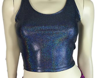 Black Holographic Crop Top - bodycon Clubwear, Rave Wear, Activewear, Running, Yoga, crossfit