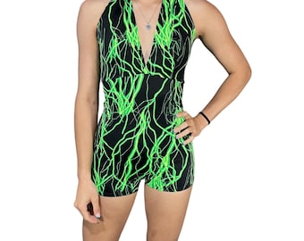 Halter Romper in Green Lightning Spandex - Rave Wear, Festival Clothing, Aerial Performer, Pole Fitness Outfit