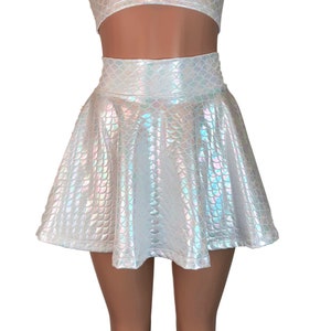 White Iridescent Mermaid Scales Holographic High Waisted Skater Skirt | CHOOSE LENGTH - Festival, Rave Wear, Costume