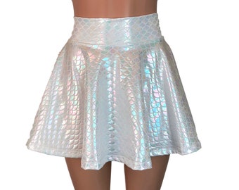 White Iridescent Mermaid Scales Holographic High Waisted Skater Skirt | CHOOSE LENGTH - Festival, Rave Wear, Costume