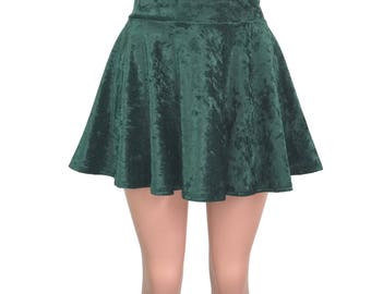 Green Crushed Velvet High Waisted Skater Skirt Clubwear, Rave