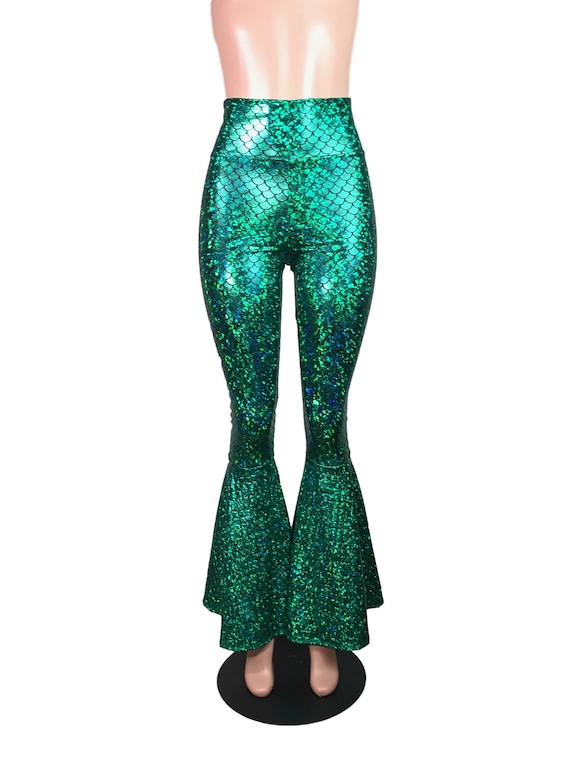 Mermaid Bell Bottoms Green Metallic Scales Pants Yoga, Rave, Festival, EDM,  80s Clothing High Waisted 