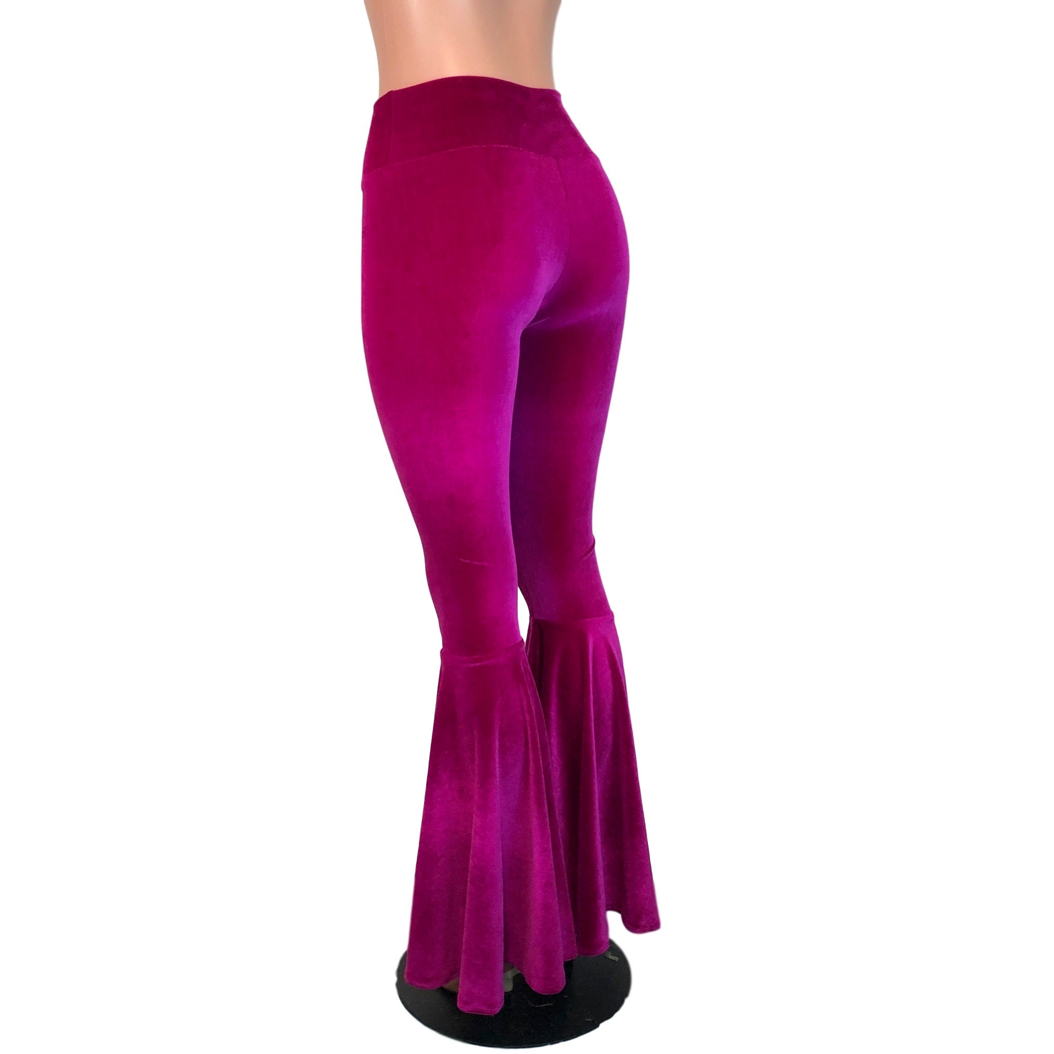 Fuchsia Pink Velvet Bell Bottom Pants High-waisted - Rave