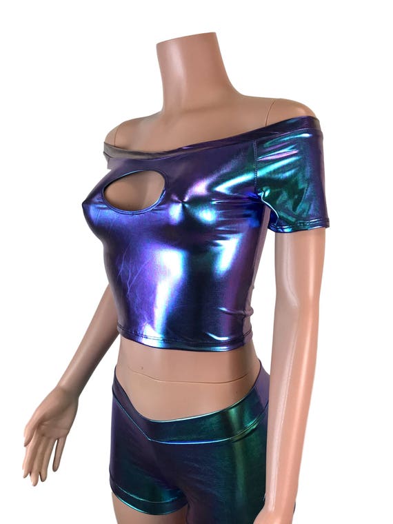 Holographic Oil Slick Cold Shoulder Keyhole Top Bodycon Clubwear