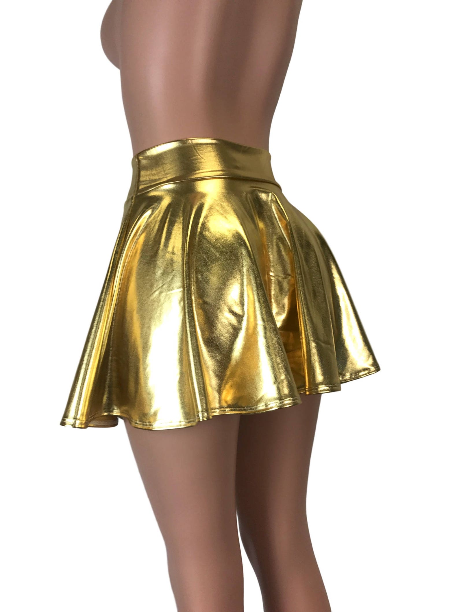 Gold Metallic High Waisted Skater Skirt Clubwear Rave Wear Etsy