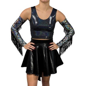 Fringe Arm Sleeves in Silver Glass Pane Holographic and Black Fringe, Rave Arm Warmers, Burning Man Festival Outfit