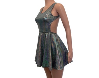 Cutout Skater Dress - *Gleaming Silver Holographic* - Rave Dress, Fit n Flare Dress, Apron Dress, Festival Outfit