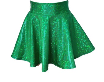Green Shattered Glass Holographic High Waisted Skater Skirt - st patricks day, mardi gras, Rave Wear, Mini Circle Skirt
