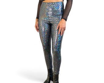 Mermaid Leggings - Black Holographic High Waist Pants | Mermaid Costume - Rave Clothing - High Waist Mermaid Leggings
