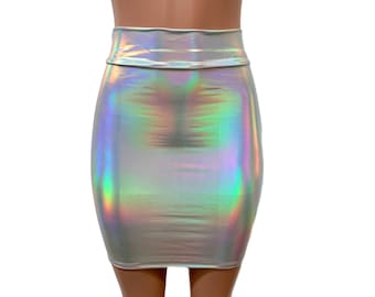 Opal Holographic High Waisted Pencil Mini Skirt - bodycon club or rave wear