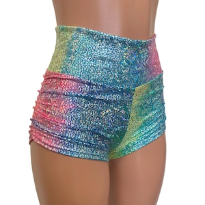 Rainbow Scrunch Booty Shorts - Holographic Booty Shorts - CHOOSE your RISE - Roller Derby, Pole Dance Shorts, Rave Clothing, Aerial Outfit