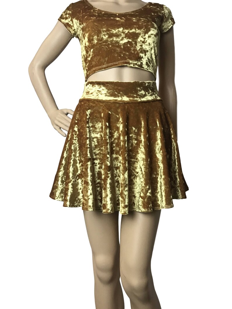 Crushed Velvet Skirt Mustard Yellow Gold Skater Skirt Velvet Rave Skirt Gold Mini Skirt image 5