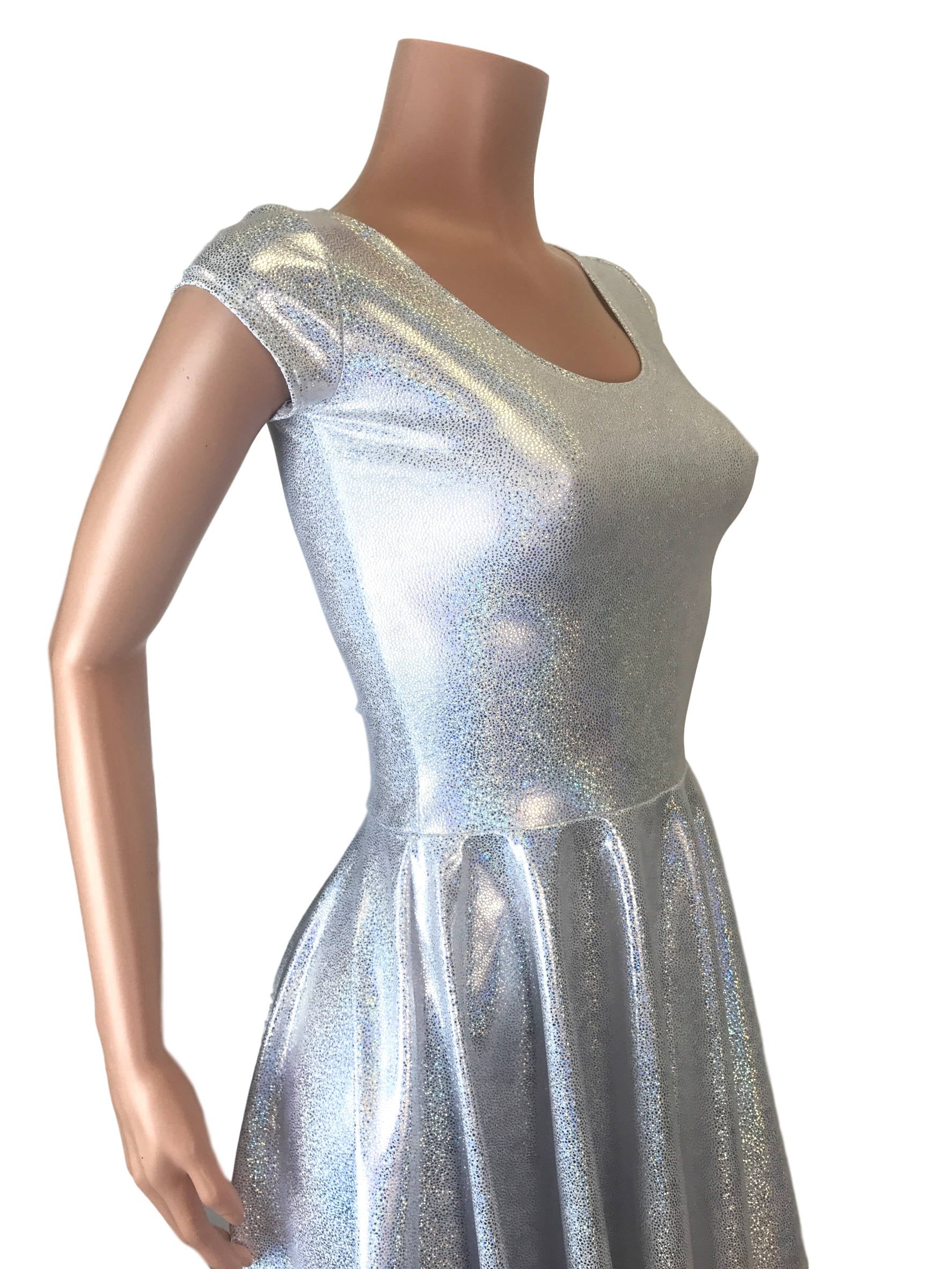 silver glitter skater dress Silver Holographic Cap Sleeve Skater Fit N Flare Dress - Club, Rave, Sexy  Mini Dress, Cocktail, Festival Outfit