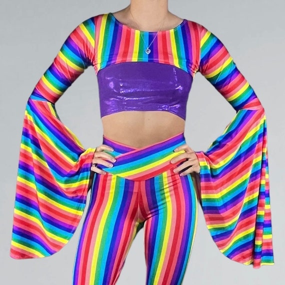 Bell Sleeve Bolero Top Rainbow Stripe Pride Outfit, 60s Costume 