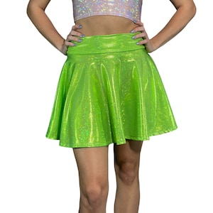 Holographic Lime Green Shattered Glass Skater Skirt | CHOOSE LENGTH | Rave Clothing, Festival Clothes, Holograph Outfit