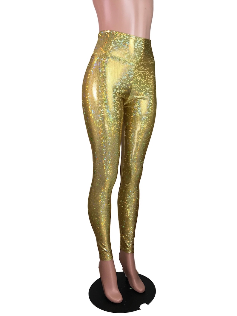 High Waist Leggings - *Gold Shattered Glass Holographic* Gold Pants - Rave Clothing, Festival Outfit, Sparkle Leggings image 3
