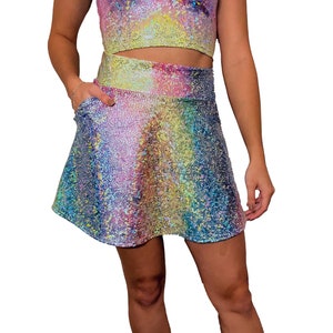 Rainbow Avatar A-LINE Skirt w/Optional POCKETS - Metallic Rave Skirt - Festival Clothing - High Waisted Rave Skirt