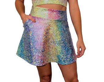 Rainbow Avatar A-LINE Skirt w/Optional POCKETS - Metallic Rave Skirt - Festival Clothing - High Waisted Rave Skirt