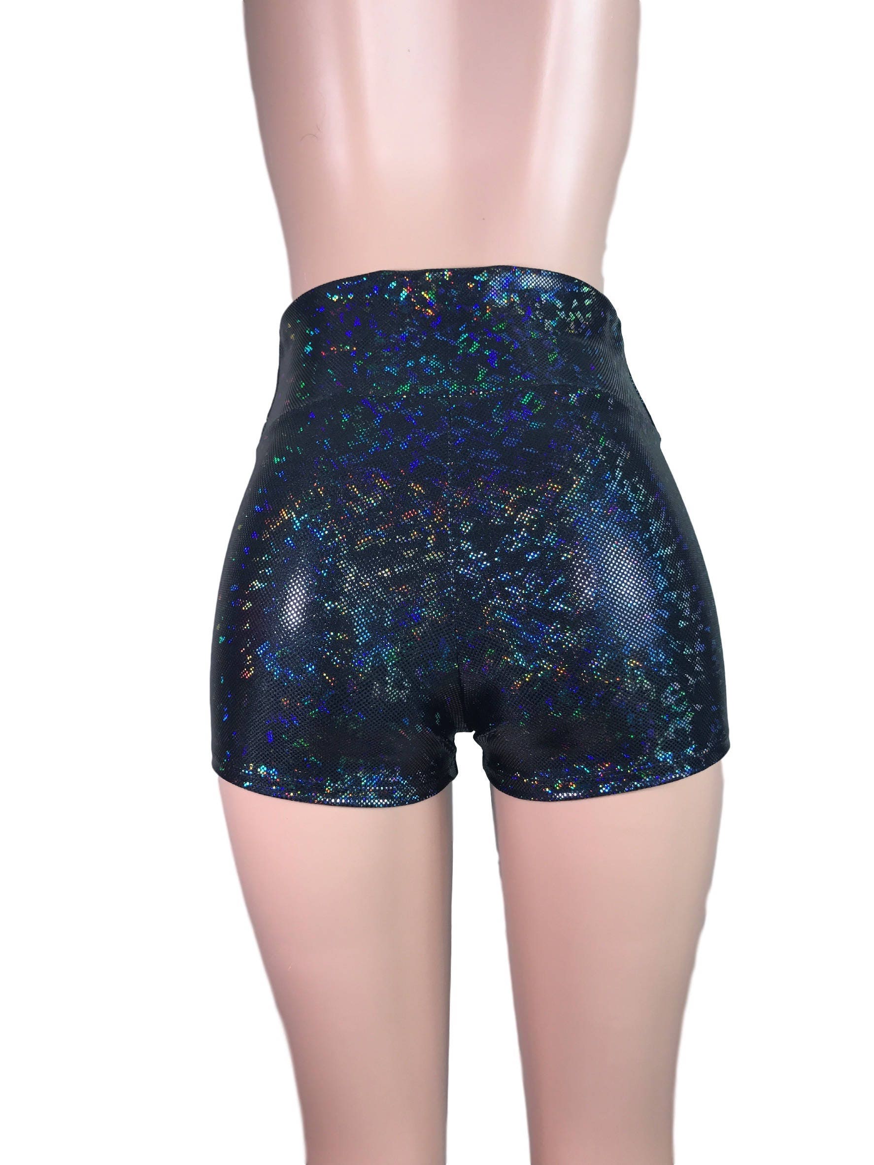 Black Shattered Glass Holographic High Waisted Booty Shorts Etsy