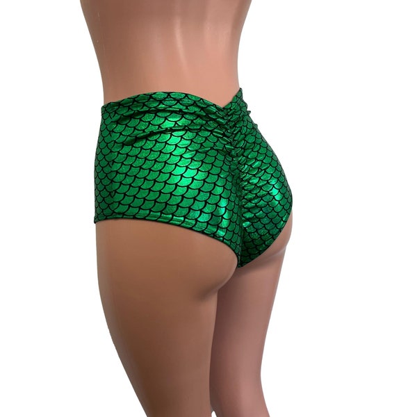 Scrunch Bikini - High Waist *Green Mermaid Scale* Holographic Sparkle Booty Shorts - Brazilian Bikini Bottom - Rave Clothing, Festival
