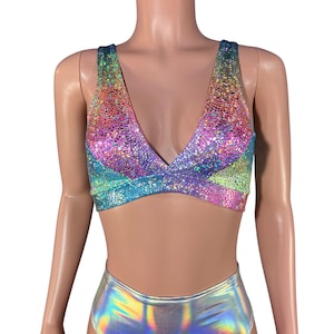 Rainbow Bralette | Holographic Rave Top in Rainbow Avatar - Rave Gear, Aerial Artist, Performance Pole fitness Top