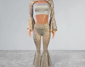 Sheer Mesh Glitter Flared Pants Met Top Sparkly Rhinestone Hollow Out Pant Wide Leg See Through Mesh Bottom Cover Up
