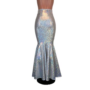 May include: A silver iridescent mermaid skirt with a high waist and a flared bottom.