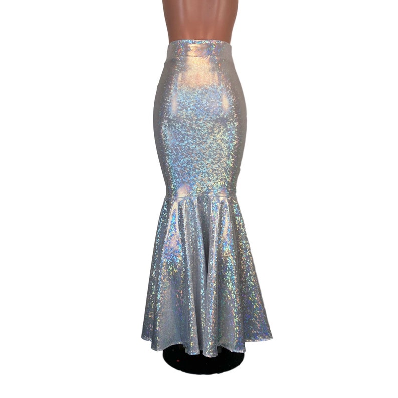 May include: A silver iridescent mermaid skirt with a high waist and a flared bottom.