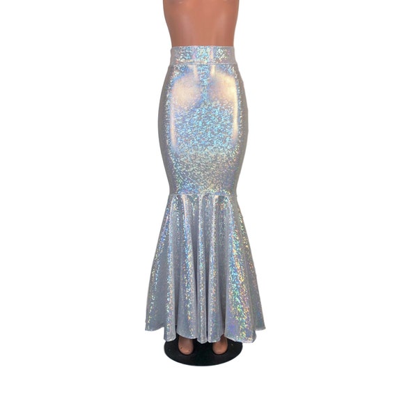 Long Fit n Flare Mermaid Skirt - Silver Shattered Glass Holographic - High Waisted Maxi Skirt - Morticia Floor Length