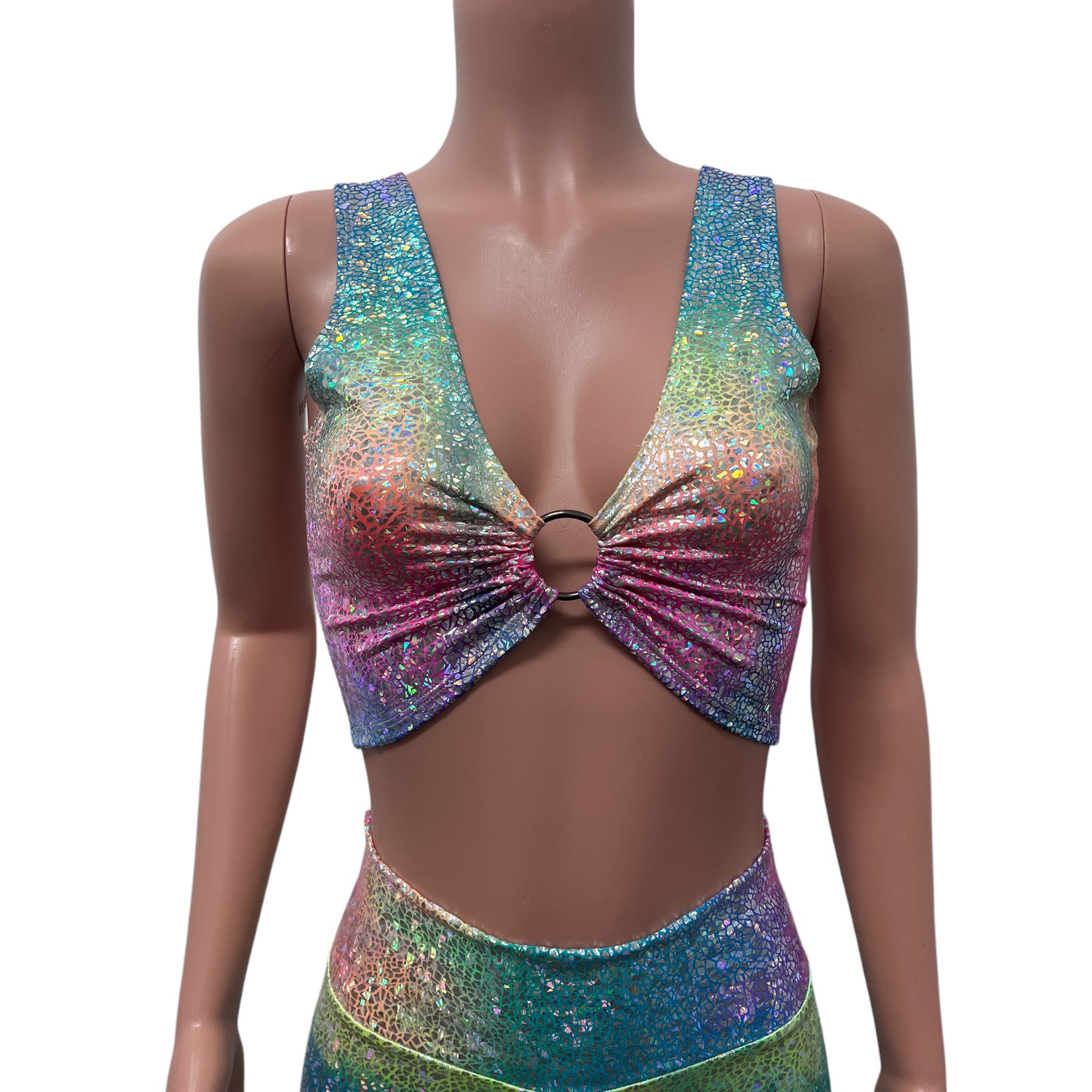 Rainbow Avatar Holographic Ring Top - Crop Shirt - Rave Wear, festival Bikini, burning man, lover outfit