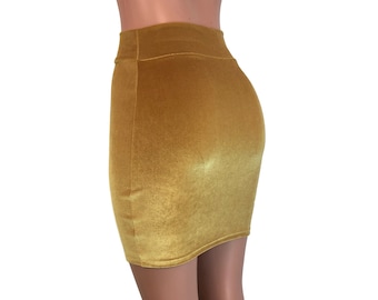 Mini-jupe crayon taille haute en velours jaune moutarde doré