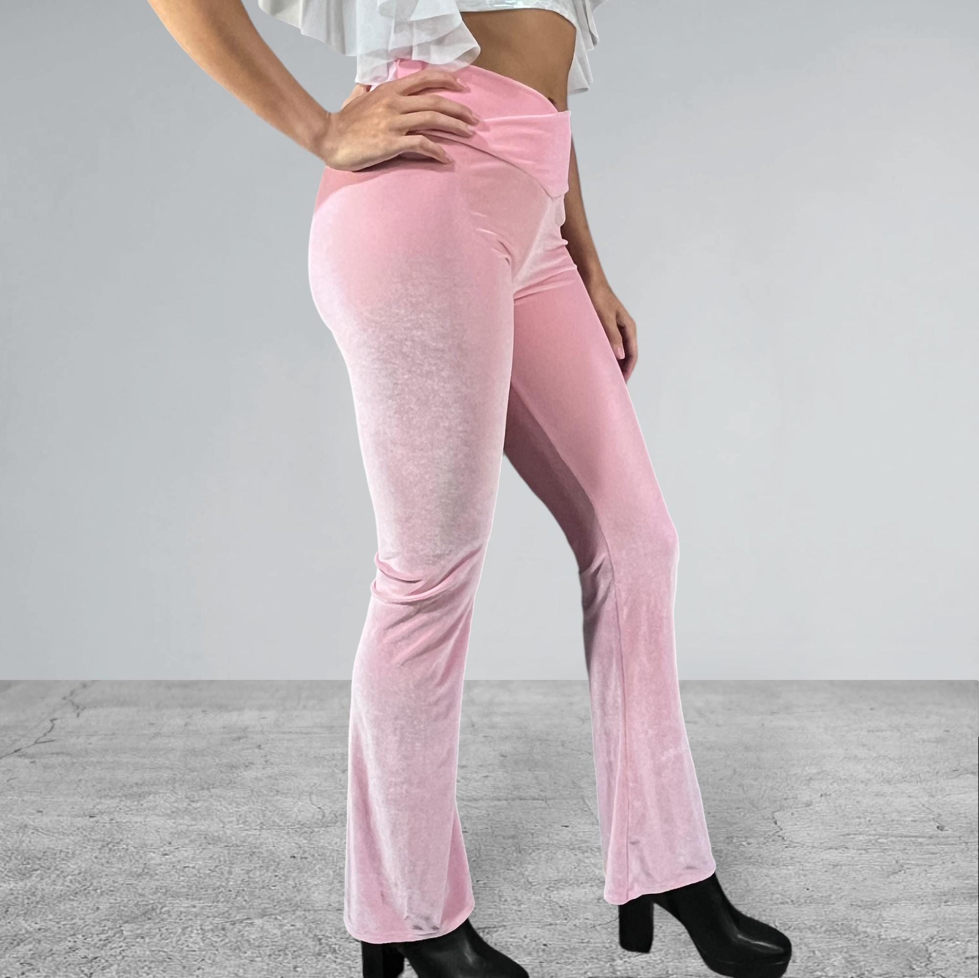 Crossover Waist Bootcut Flare Pants *light Pink Velvet Spandex