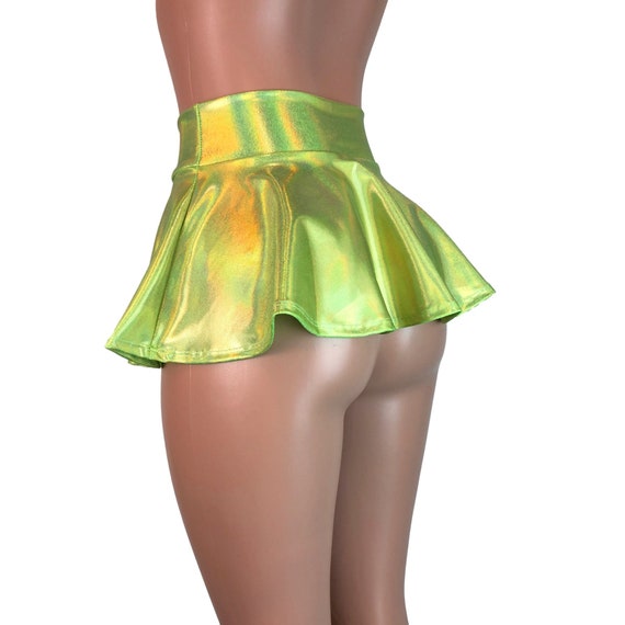 Lime Green Super Mini 10 Holographic High Waisted Skater Skirt