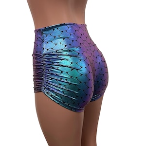 Ruched Booty Shorts - Mermaid Holographic | Ruched Rave Shorts - Scrunch Shorts - CHOOSE your RISE - Roller Derby, Festival, Rave