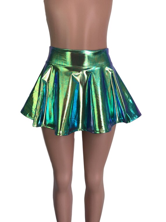 Mini 13 Holographic High Waisted Skater Skirt Oil Slick Metallic
