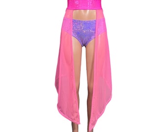 Long Cape Skirt - Pink Mesh Sheer - Unisex Men/Women Open-Front Skirt, Festival Clothing, Rave Outfit