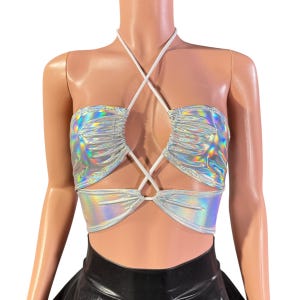 X-String Neckholder Top in Opal Irisierend Reflektierend - Rave Wear, Festival Kleidung, EDM Outfit, Badeanzug Bikini, Holographisches Shirt