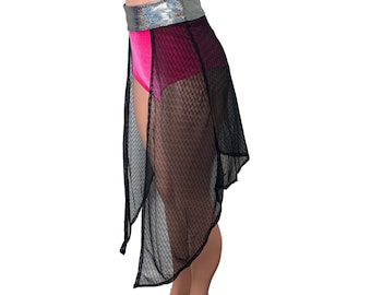 Long Cape Skirt - Black Vixen Mesh Sheer - Unisex Men/Women Open-Front Skirt, Festival Clothing, Rave Outfit