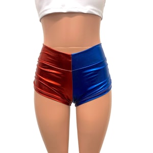 Red/Blue or Red/Black Harlequin Mid-Rise Ruched Booty Shorts | Costume Cosplay