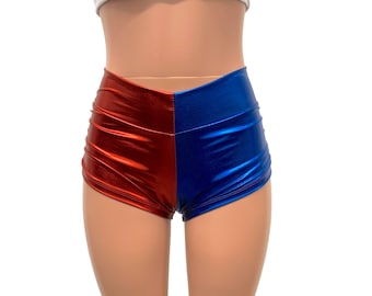 Red/Blue or Red/Black Harlequin Mid-Rise Ruched Booty Shorts | Costume Cosplay