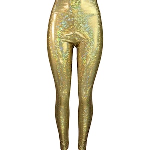 High Waist Leggings - *Gold Shattered Glass Holographic* Gold Pants - Rave Clothing, Festival Outfit, Sparkle Leggings image 5